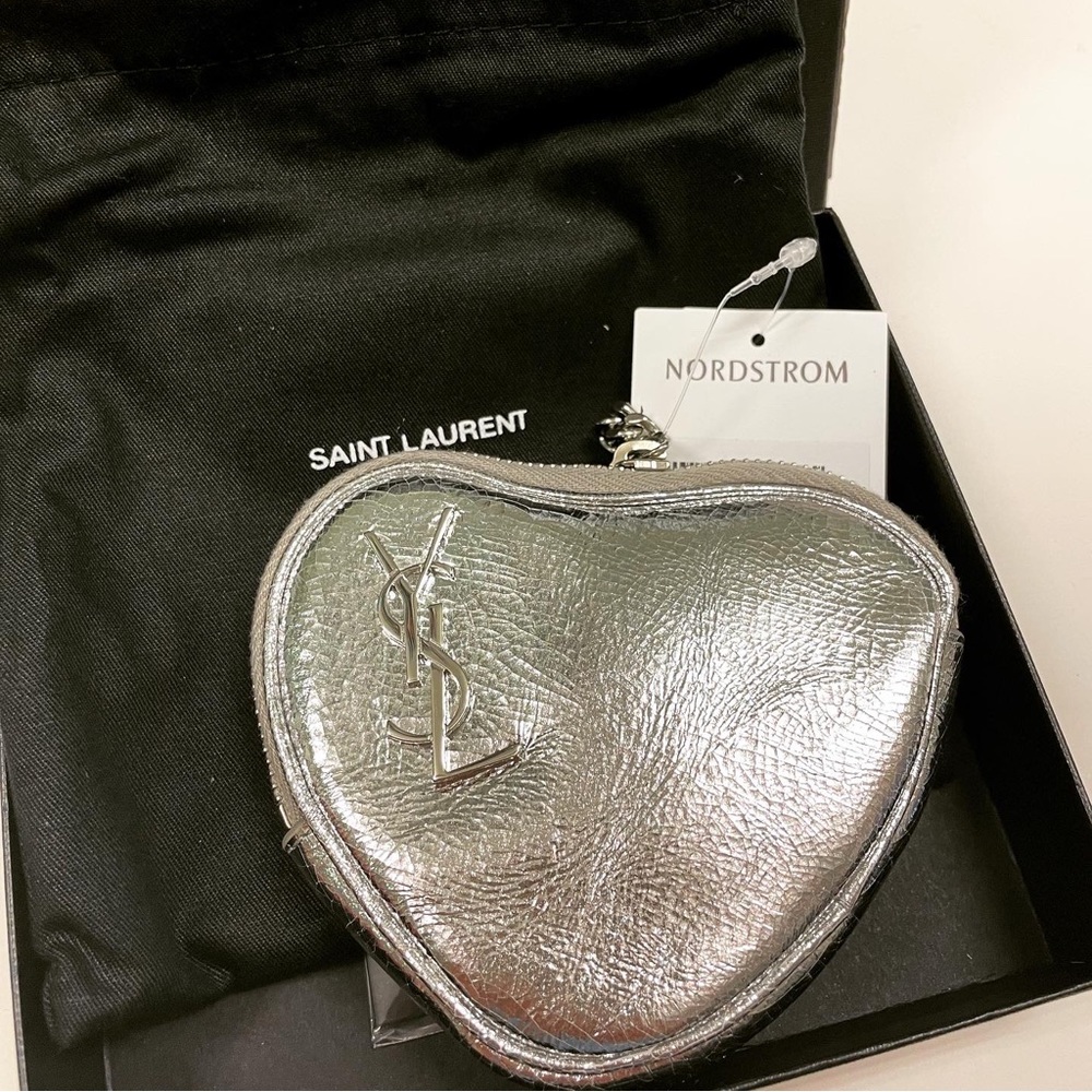 YSL heart metallic silver pouch keyring